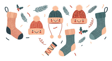Colorful collection of cozy winter items including knitted hats with smiley faces and patterned socks with holly.