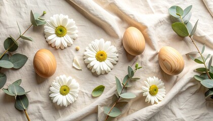 Top-down flat lay, minimalist Easter composition with hand-carved wooden eggs, dried eucalyptus leaves, and white daisies on a beige linen fabric background, organic aesthetic