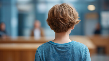 Faceless boy standing with attorney inside juvenile court, juvenile defense attorney specializes in defending children who find themselves in legal trouble, youth legal representat