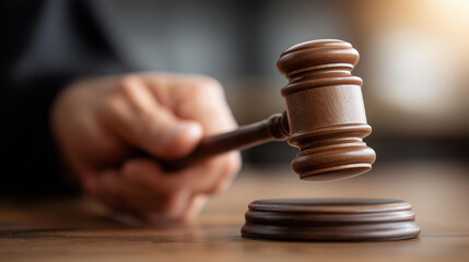 Bright image gavel being used in legal proceeding, judicial hammer in action, courtroom decision moment, legal authority application, judge's tool usage, with copy space