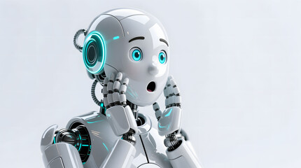 Humanoid robot looking shocked or extremely surprised, with hands on cheeks and eyes wide open.