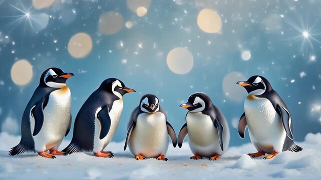 A charming scene of four penguins gathered on snowy ground, set against a soft blue backgrou.