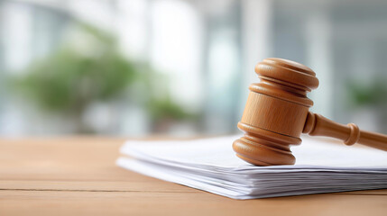 Wooden gavel rests on legal documents symbolizing justice and law in modern office setting with bright natural light, judicial hammer on paperwork, legal authority tool display, wi