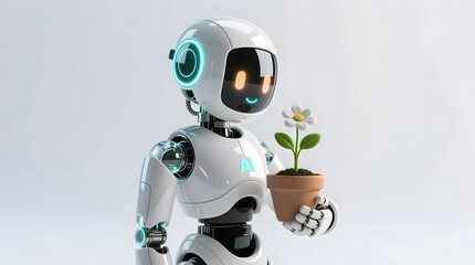 Adorable AI Robot holding a small flower pot, watching it grow. A concept for patience, nurturing, and technological care.