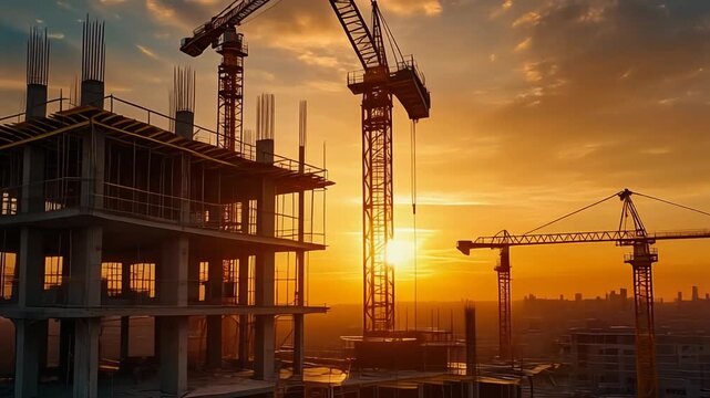 A construction site at sunset, featuring a building structure and cranes, 