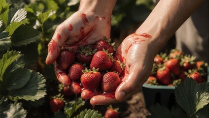 Hands holding freshly picked ripe strawberries from the garden, close up.