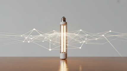 Innovation and Networking Concept Featuring Glowing Filament Bulb and Geometric Data Nodes