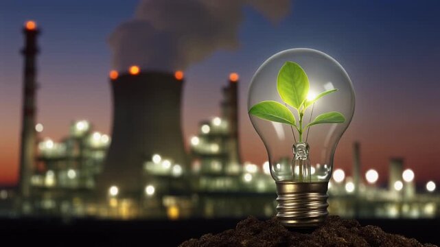 A lightbulb inside with glowing green plant, blurry industrial power plant at dusk - hope, 