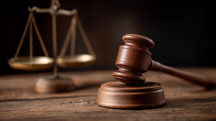 Concepts of law judge gavel with scales of justice, legal authority tools, judicial decision implements, courtroom equipment combination, law enforcement symbols, with copy space