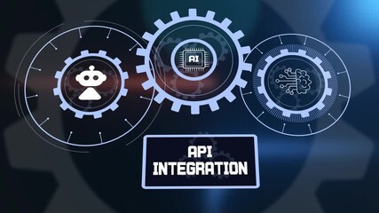Api integration for software systems with artificial intelligence, robotic symbols and digital gear interface.