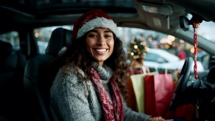 A woman in a Santa hat sits in the back seat of a car, her face lit up with joy. She wears a festive red and white Santa hat.