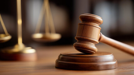 Legal office of lawyers justice and law concept, wooden judge gavel or wood hammer and soundboard used by judge person on desk in courtroom with blurred brass scale of justice behi