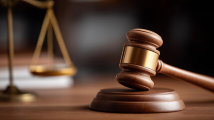 Legal office of lawyers justice and law concept, wooden judge gavel or wood hammer and soundboard used by judge person on desk in courtroom with blurred brass scale of justice behi