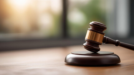 Fototapeta premium Judge's gavel on table in office, judicial authority tool at workspace, legal decision implement, courtroom equipment display, magistrate's desk item, with copy space