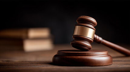 Closeup of gavel in courtroom setting symbolizing justice and legal proceedings, judicial hammer in court environment, legal authority tool representation, courtroom equipment deta