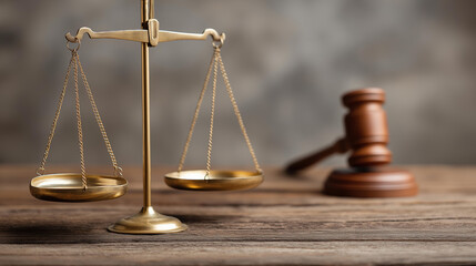 Scales of justice and gavel in courtroom, legal balance and judicial hammer, law equilibrium and authority tools, courtroom equipment combination, judicial decision instruments, wi