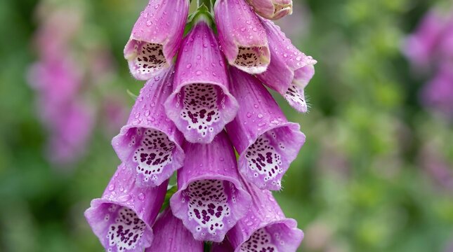 Purple foxglove flowers with water droplets on petals pink white