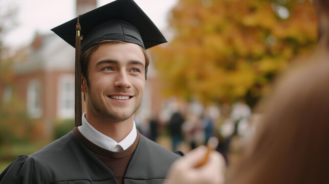 Faceless graduate in cap and gown stands outdoors smiling with blurred background of people and autumn trees, celebrating academic achievement, educational milestone, defocused fac