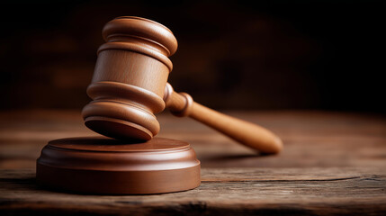 Judge's hammer on table in courtroom, gavel on surface in legal setting, judicial mallet in court environment, legal authority tool placement, with copy space