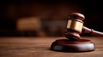 Judge's hammer on table in courtroom, gavel on surface in legal setting, judicial mallet in court environment, legal authority tool placement, with copy space