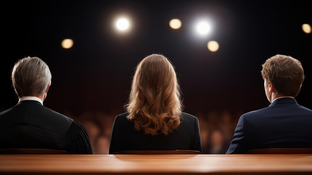 Faceless back view of three judges sitting at table facing contestants on stage in dark auditorium ready to evaluate performances, panel perspective, defocused backs, with copy spa