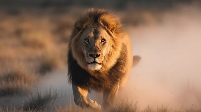 Majestic Lion Running Towards Camera in Golden Savanna Dust