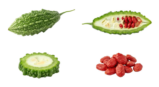 Whole bitter melon with rough green skin, halved section showing red seeds, round slice, and a pile of seeds arranged on a clean white background for clarity. High quality photo