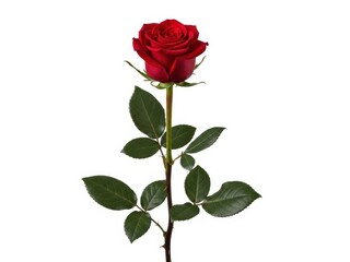 Fototapeta premium Single long stem red rose with leaves isolated on white background