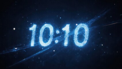 Glowing Blue Digital Clock Displaying 10 -10 Time with Cosmic Particles.