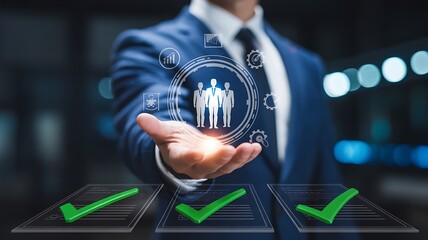 Businessman holding virtual human resources people icons above verified checklist for recruitment and team selection concept