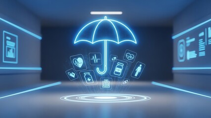 Digital health insurance concept with glowing umbrella and medical icons in a futuristic blue environment.