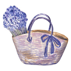 Wicker Bag with Lavender Bouquet Watercolor Illustration⁠
