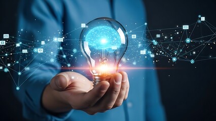 Artificial Intelligence and Neural Network Concept with Brain Inside Glowing Light Bulb