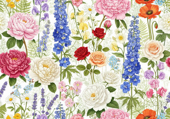 Floral wallpaper illustration with different kinds of flowers 