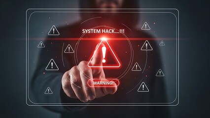 System Hack and Cyber Security Warning Alert Interface with Hand Touching Screen