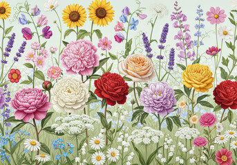 Floral wallpaper illustration with different kinds of flowers 