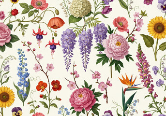 Floral wallpaper illustration with different kinds of flowers 