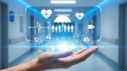 A hand holding a holographic display with health insurance and medical technology icons in a hospital corridor.
