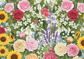 Floral wallpaper illustration with different kinds of flowers 