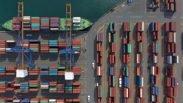 Aerial view of Port of Tacoma with many colorful containers.