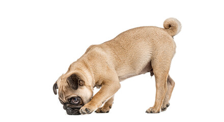 Obraz premium Pug dog sniffing exploring ground on white background