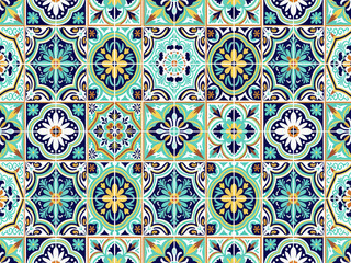 Spanish styled bright blue and yellow tile design