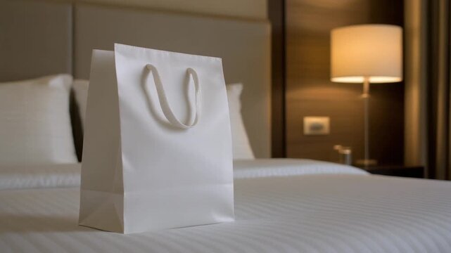 an elegant plain white gift bag sitting on the bed of a hotel room in a luxurious modern