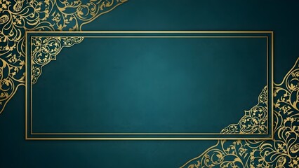 Elegant deep teal background featuring a central rectangular frame accented with ornate gold baroque floral filigree border elements for luxurious design.