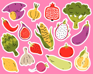 vector, food, stickers, healthy, vegetable, set, vegetarian, broccoli, potato, flat, farm, eggplant, organic, isolated, cartoon, pepper, harvest, tomato, vitamin, collection, cooking, plant, graphic, 