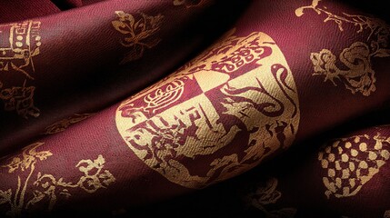Fototapeta premium privilege. An intricate gold-embossed heraldic crest on a deep crimson background. event programs, museum guides, designed for cultural heritage projects and event programs.