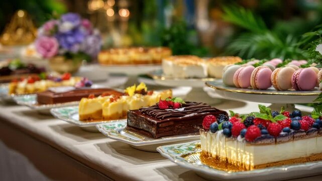 Dessert table assorted cake pastry selection gourmet sweet berry cheesecake chocolate cake macaron cookie buffet spread joyful