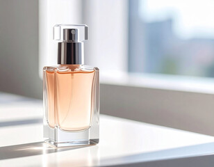 Minimalist beauty styles. Perfume bottle on background in pastel color with sunlight.