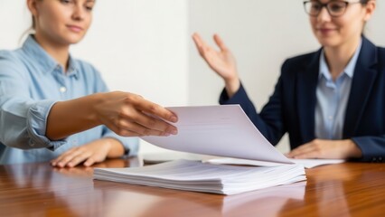 Fototapeta premium Real estate selling guide concept. Two professionals discuss documents during a business meeting at a table.