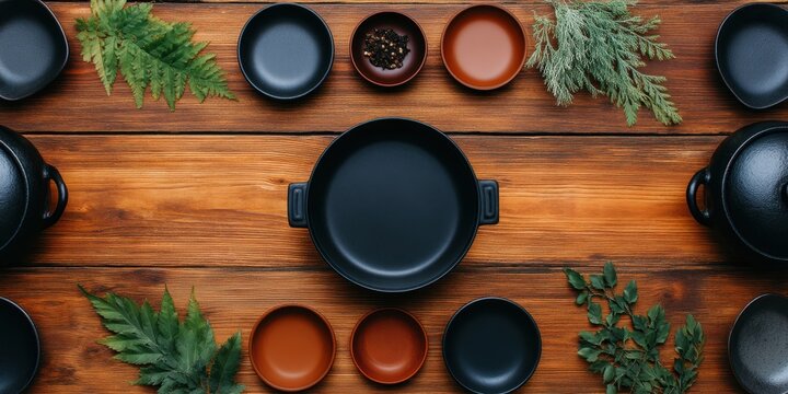 Tabletop shabu set concept. Culinary setup with bowls and herbs on a wooden table. - Powered by Adobe